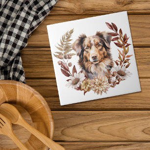 Red Brown Australian Shepherd Dog Autumn Wreath Tile