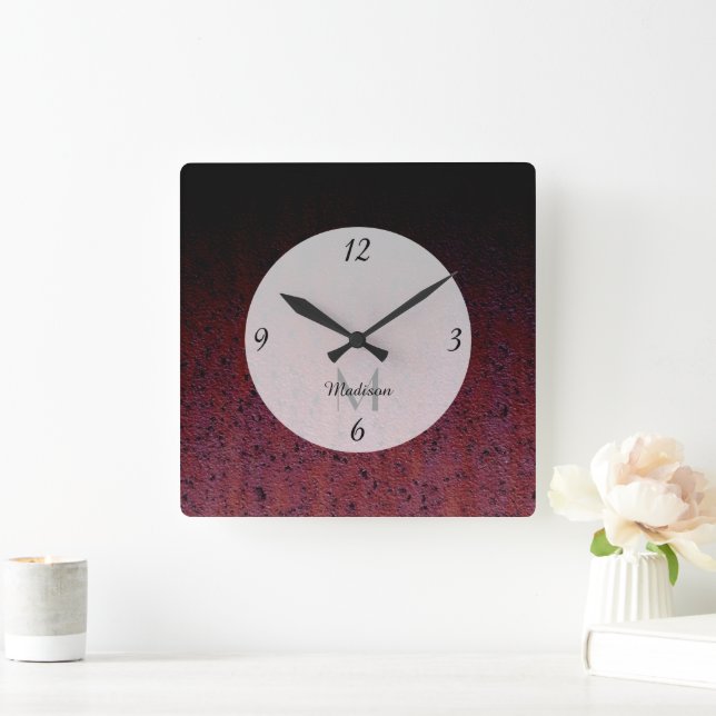Red Brown Black Ombre Rust Metal Patina Monogram Square Wall Clock (Home)