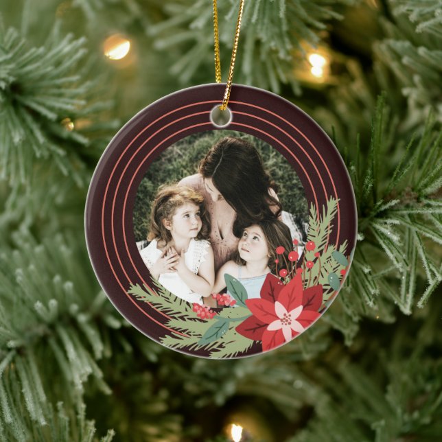 Red Brown Circle Christmas Photo Poinsettia Floral Ceramic Tree Decoration (Tree)
