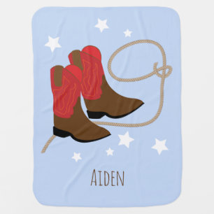 Red & Brown Cowboy Boots & Rope, Personalised Baby Blanket