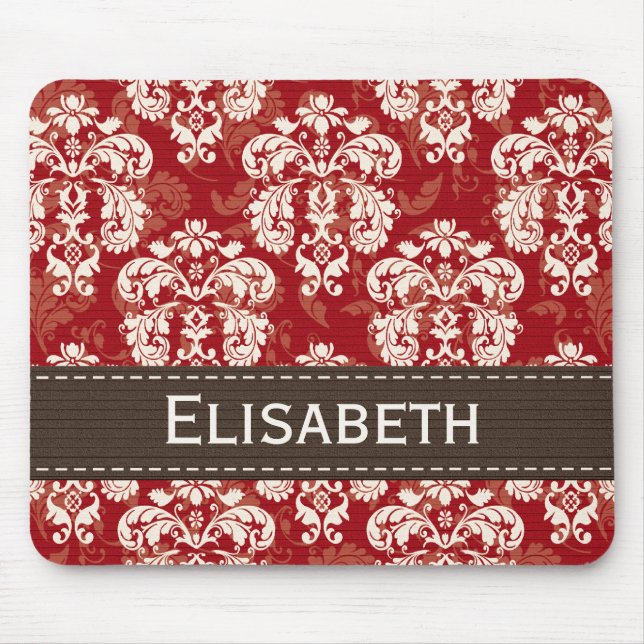 Red Brown Cream Damask Mousepad (Front)