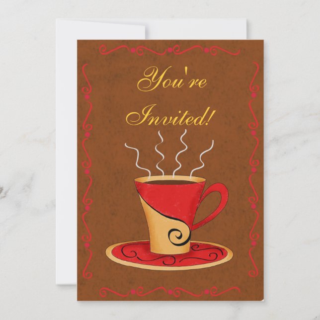Red & Brown Customised Coffee Cup Event Invitation (Front)