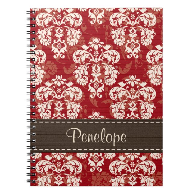 Red Brown Damask Spiral Notebook Journal (Front)