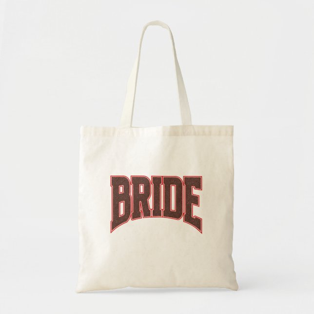 Red + Brown Faux Glitter Varsity BRIDE Tote Bag (Front)