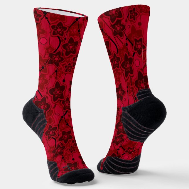 red brown floral rustic fashion pattern retro socks (Angled)