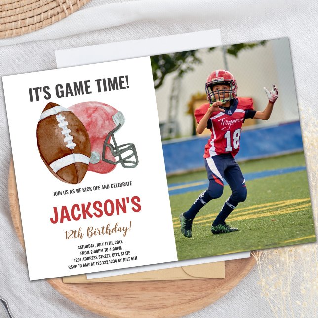 Red Brown Football Birthday Invitation with Photo (Red Brown Football Birthday Invitations with photo)