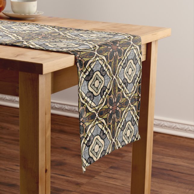 Red Brown Grey Ochre Hip Bohemian Bali Art Motif Short Table Runner (In Situ)