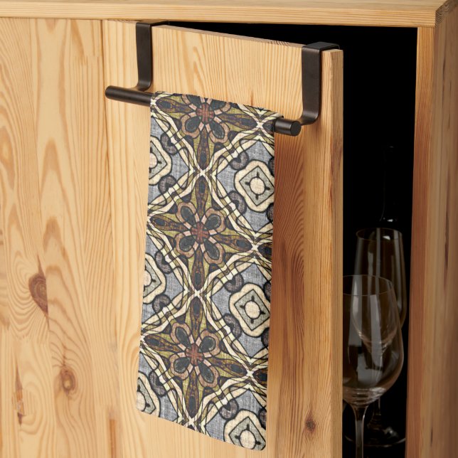 Red Brown Grey Ochre Hip Bohemian Bali Art Motif Tea Towel (Thirds Fold)