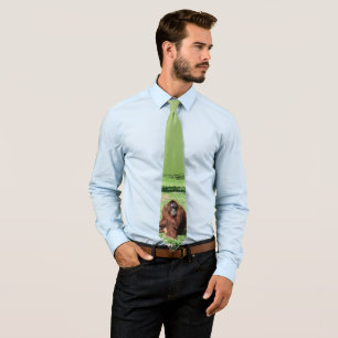 Red-Brown Haired Orangutan Sitting On Grass Tie