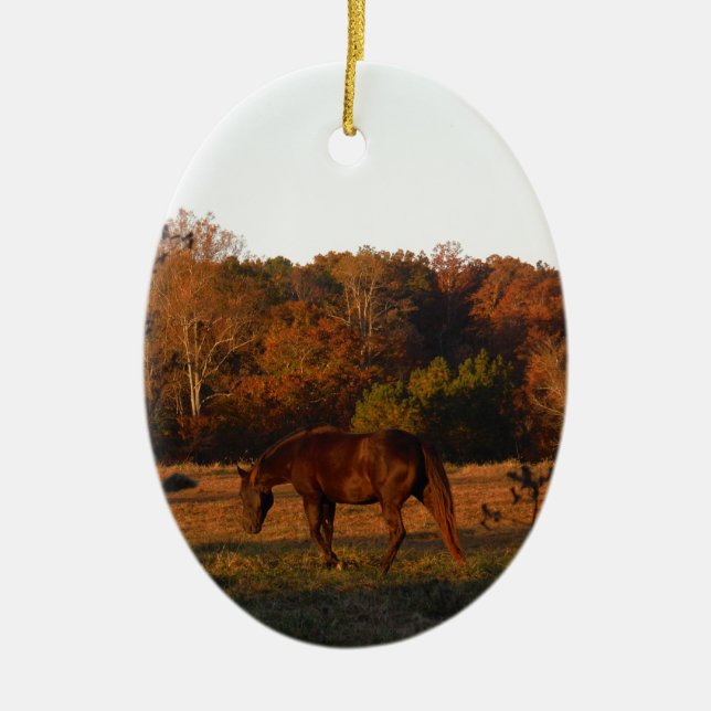 Red  Brown horse, autumn woods. Ceramic Tree Decoration (Front)