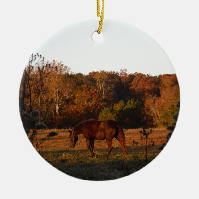 Red  Brown horse, autumn woods. Ceramic Tree Decoration (Front)