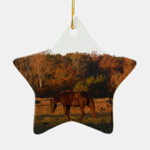 Red Brown horse, autumn woods. Ceramic Tree Decoration