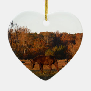 Red  Brown horse, autumn woods. Ceramic Tree Decoration