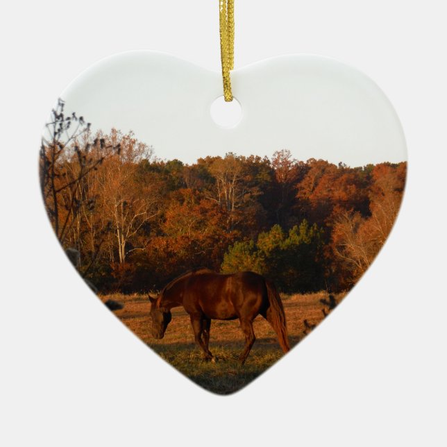 Red  Brown horse, autumn woods. Ceramic Tree Decoration (Front)