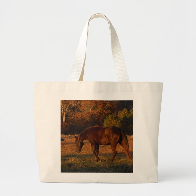 Red  Brown horse, autumn woods. Large Tote Bag (Front)
