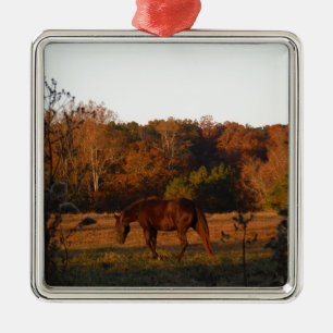 Red  Brown horse, autumn woods. Metal Tree Decoration