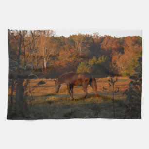 Red  Brown horse, autumn woods. Tea Towel