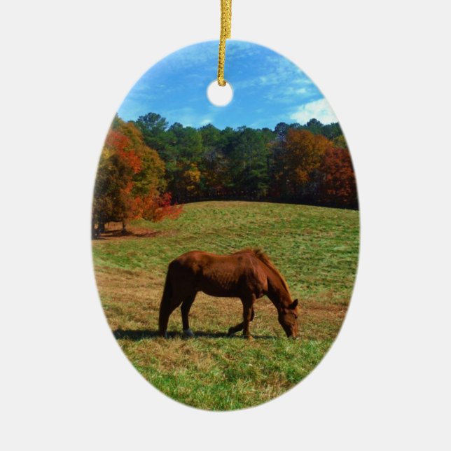 Red Brown horse, fall trees, blue skies Ceramic Tree Decoration (Front)