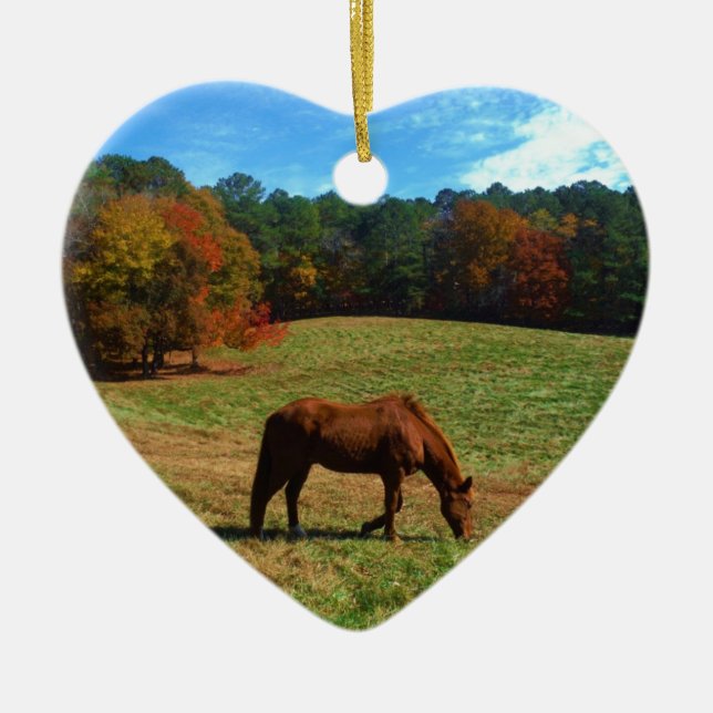 Red Brown horse, fall trees, blue skies Ceramic Tree Decoration (Front)