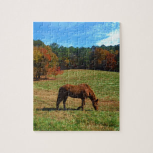Red Brown horse, fall trees, blue skies Jigsaw Puzzle