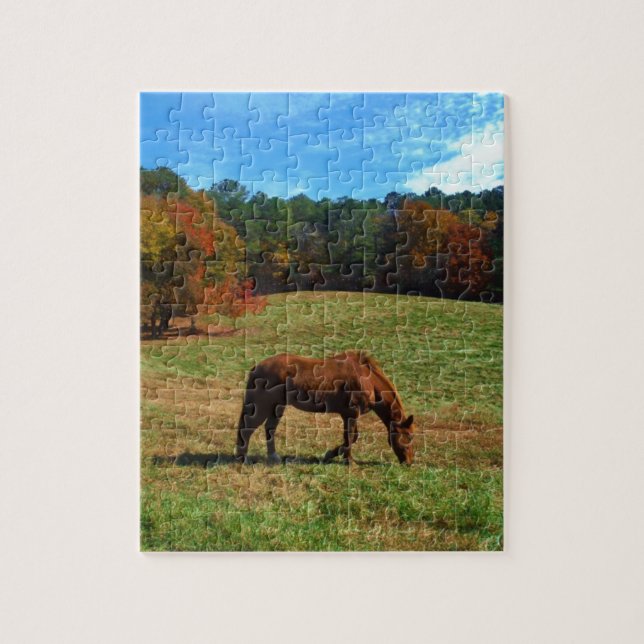 Red Brown horse, fall trees, blue skies Jigsaw Puzzle (Vertical)