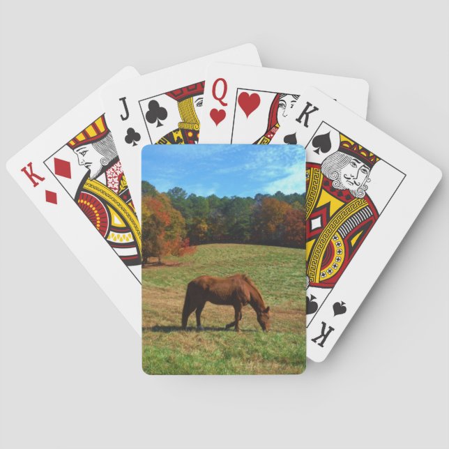 Red Brown horse, fall trees, blue skies Playing Cards (Back)