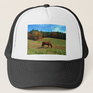 Red Brown horse, fall trees, blue skies Trucker Hat
