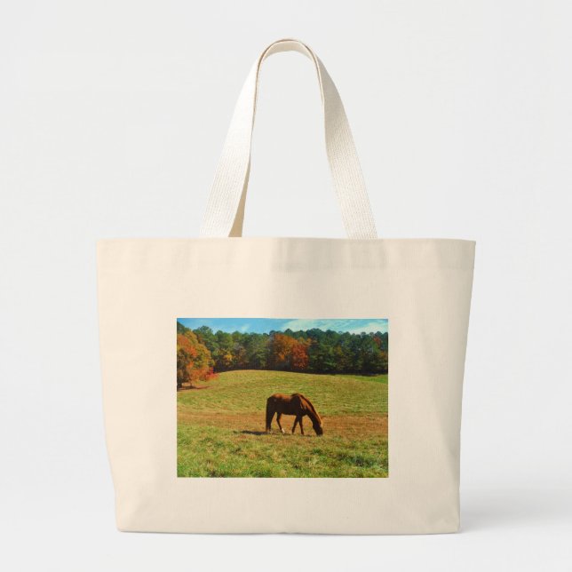 Red Brown horse in the  autumn trees Large Tote Bag (Front)