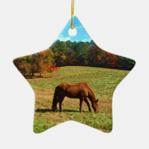 Red Brown horse, Teal Blue sky Ceramic Tree Decoration
