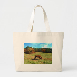 Red Brown horse, Teal Blue sky Large Tote Bag