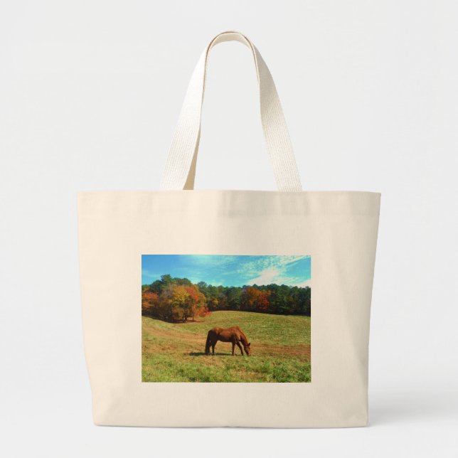 Red  Brown horse, Teal Blue sky Large Tote Bag (Front)