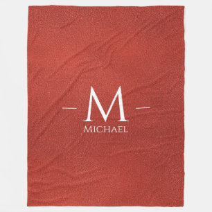 Red Brown Leather Look Monogram Name Large Custom Fleece Blanket