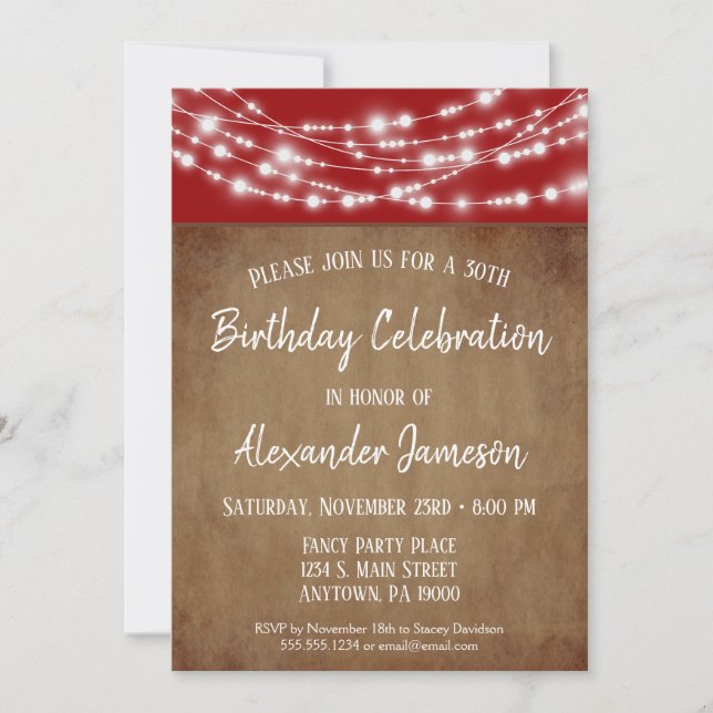 Red Brown Lights Birthday Party Invitation Adult (Front)