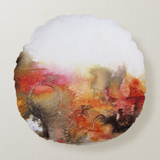 Red Brown Orange White Modern Abstract Art Round Cushion