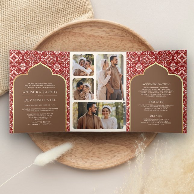 Red Brown Pattern All in One Indian Wedding Tri-Fold Invitation (Creator Uploaded)