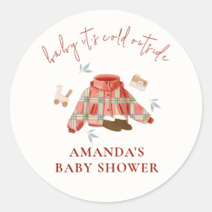 Red Brown Plaid Winter Toys Clothes Baby Shower Classic Round Sticker