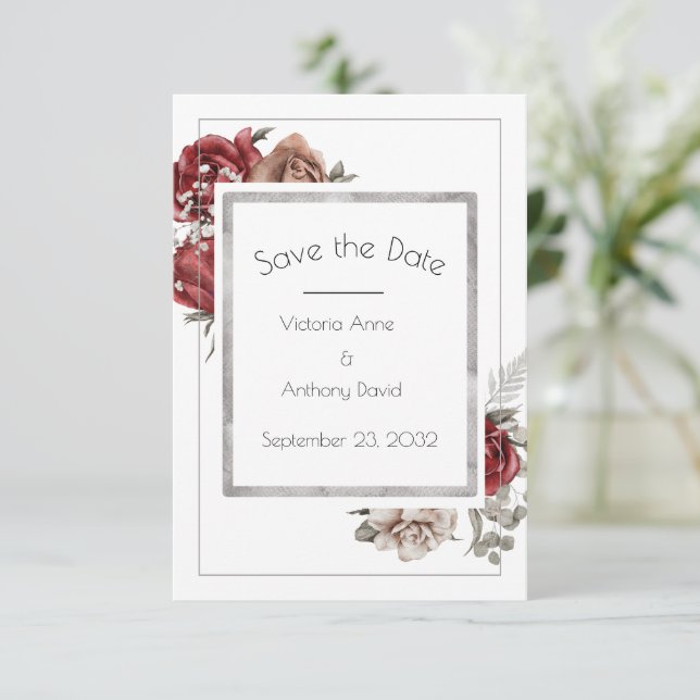 Red Brown Roses Watercolor Elegant  Save The Date (Standing Front)