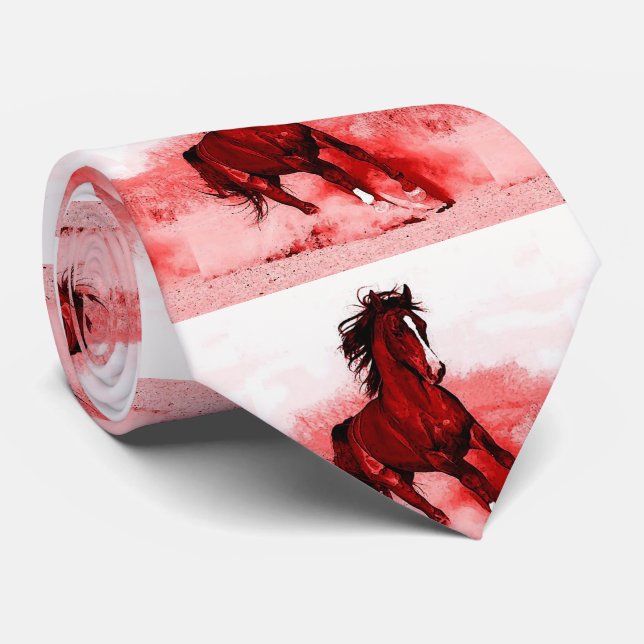 Red Brown Running Horse Artwork Tie (Rolled)