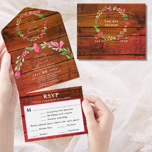 Red Brown Rustic Wood Pink Floral Country Wed RSVP All In One Invitation