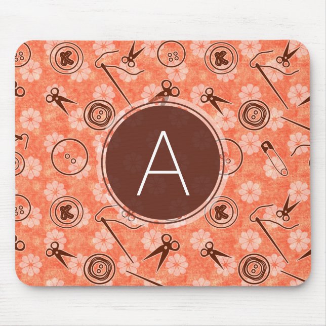 Red Brown Sewing Pattern with Monogram Mouse Mat (Front)