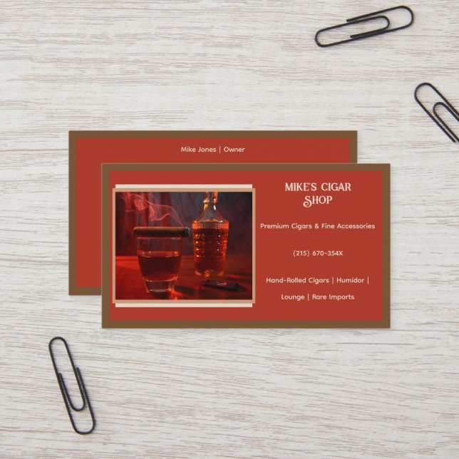 Red Brown Smoke Cigar Shop Business Card (Front/Back In Situ)
