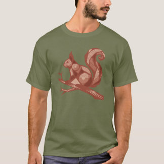 Red Brown Squirrel on a Branch Woodcut Nature T-Shirt