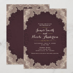 Red Brown Suede Leather Vintage Lace Wedding Invitation