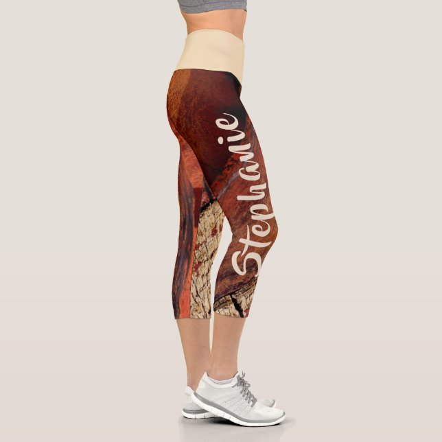 Red Brown Tan Abstract Personalised Name Capri Leggings (Right)