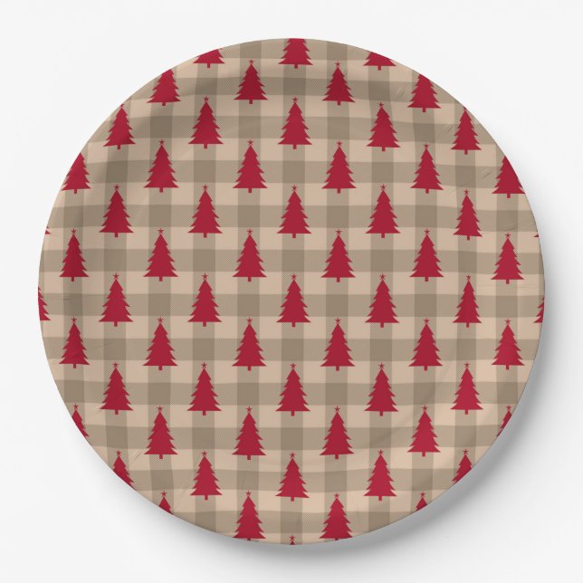 Red Brown Tan Buffalo Plaid Rustic Christmas  Paper Plate (Front)