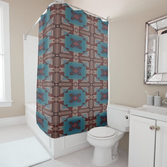 Red Brown Teal Blue Green Eclectic Ethnic Look Shower Curtain (In Situ)