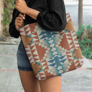 Red Brown Terracotta Teal Blue Tribal Art Pattern Tote Bag