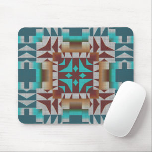 Red Brown Turquoise Teal Tribal Mosaic Art Pattern Mouse Mat