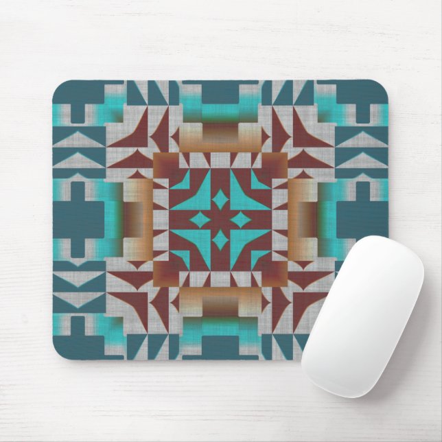Red Brown Turquoise Teal Tribal Mosaic Art Pattern Mouse Mat (With Mouse)