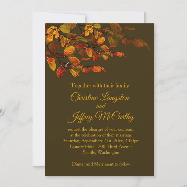 Red, brown, yellow autumnal leaves Wedding Invitation (Front)